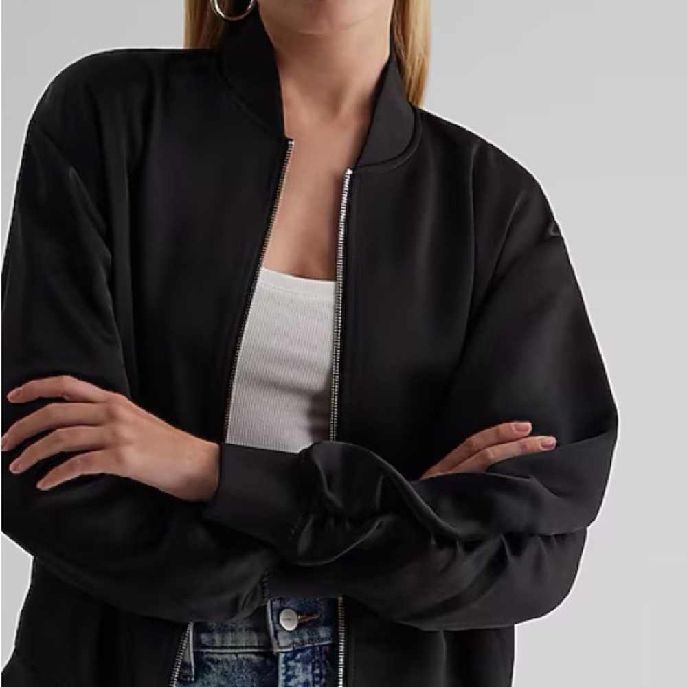 Express Black Satin Oversized Bomber Jacket